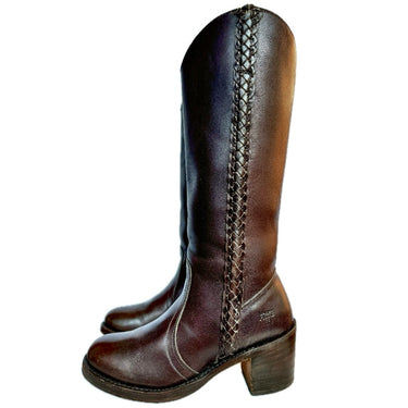 FRYE Vintage Braided Sabrina Campus Tall Knee High Walnut Brown Leather Boots