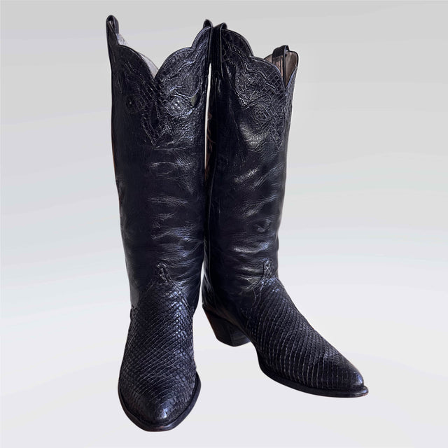 LARRY MAHAN Vintage Knee High Black Cowgirl Boots - Botablu