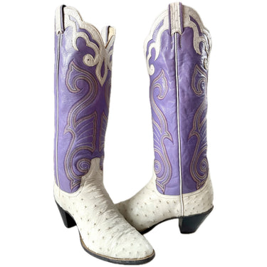 LARRY MAHAN Vintage Ostrich Purple White Knee High Cowboy Boots