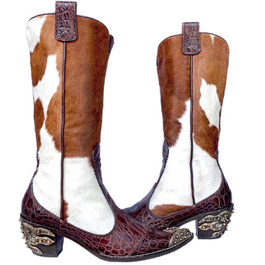 GIUSEPPE ZANOTTI Cowhide Pony Hair On Exotic Brown White Cowgirl Cowboy Western Boots