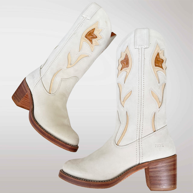 FRYE Vintage Sabrina Flower White Cowboy Boots - Botablu