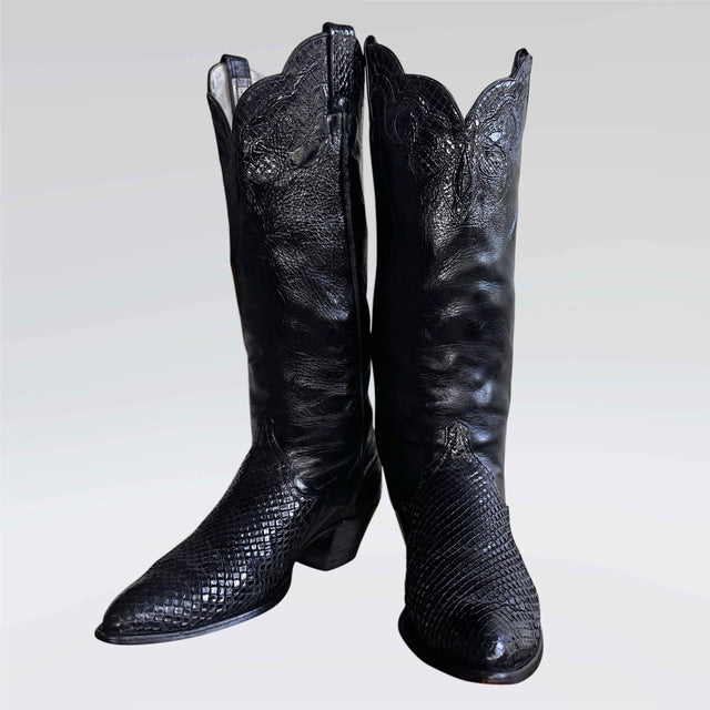 LARRY MAHAN Vintage Knee High Black Cowgirl Boots - Botablu