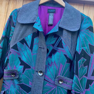 CUSTO BARCELONA Rare Vintage Belted Retro Teal Purple Black Trench Coat Jacket
