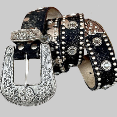 Cowhide Calf Hair On Pony Black Leather Studded Silver Crystals Western Belt