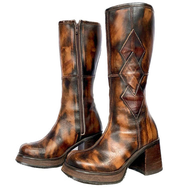 DESTROY Vintage Y2K Platform Chunky Sole Diamond Patchwork Tall Brown Leather Boots