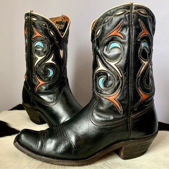 ACME Vintage 1940s 1950s Black Leather Short Pee Wee Cowgirl Cowboy Western Boots - Botablu