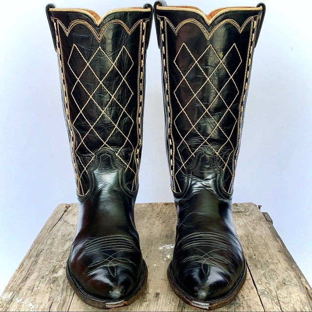 ACME Vintage 1950’s Black Diamond Whipstitch Cowboy Western Boots - Botablu