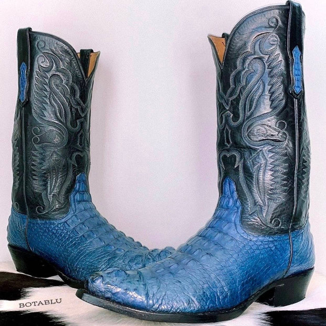 AMMONS Vintage Handmade Custom Crocodile Alligator Eagle Blue Cowboy Boots - Botablu