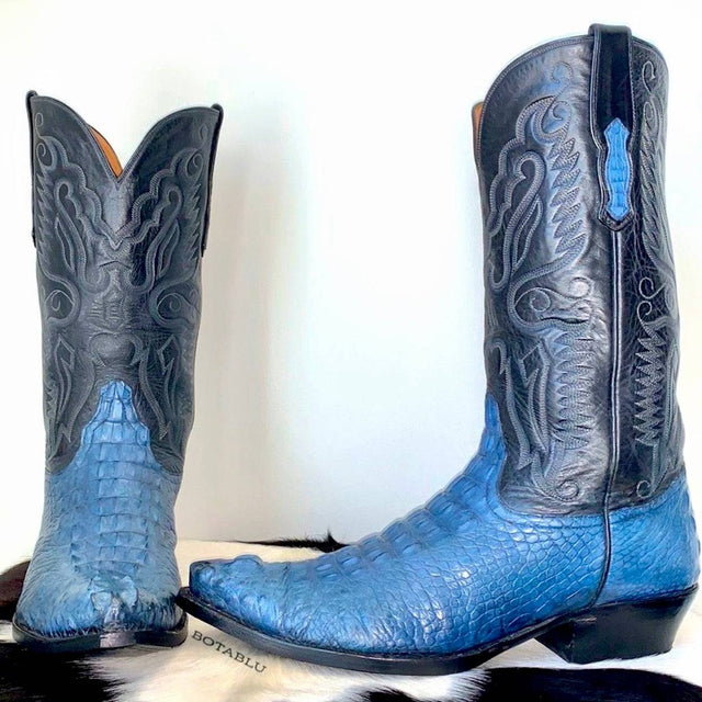 AMMONS Vintage Handmade Custom Crocodile Alligator Eagle Blue Cowboy Boots - Botablu