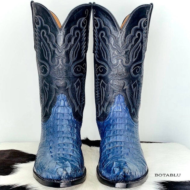 AMMONS Vintage Handmade Custom Crocodile Alligator Eagle Blue Cowboy Boots - Botablu