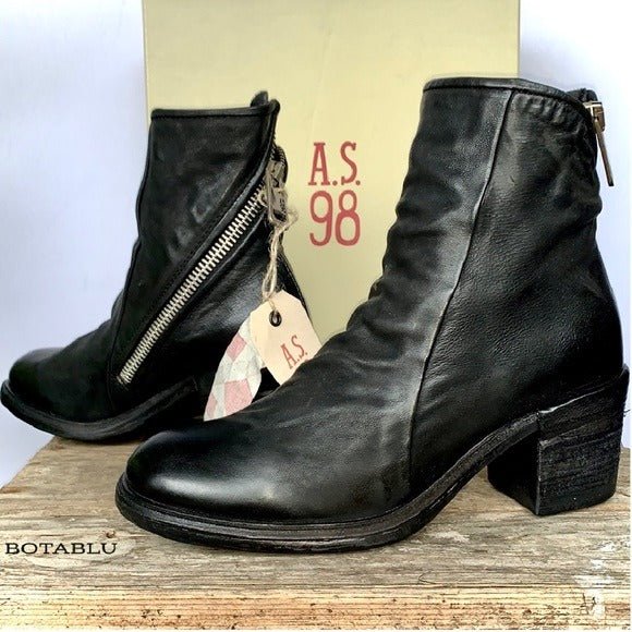 A.S.98 Jase Black Leather Zippered Ankle Bootie Boots - Botablu