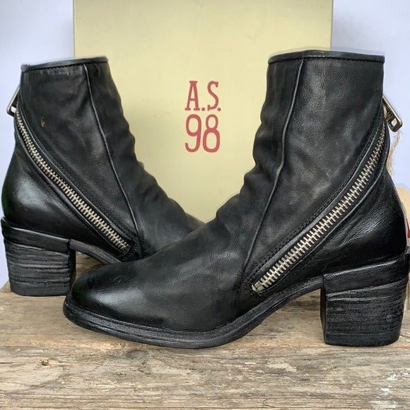 A.S.98 Jase Black Leather Zippered Ankle Bootie Boots - Botablu