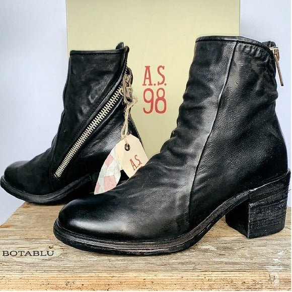 A.S.98 Jase Black Leather Zippered Ankle Bootie Boots - Botablu