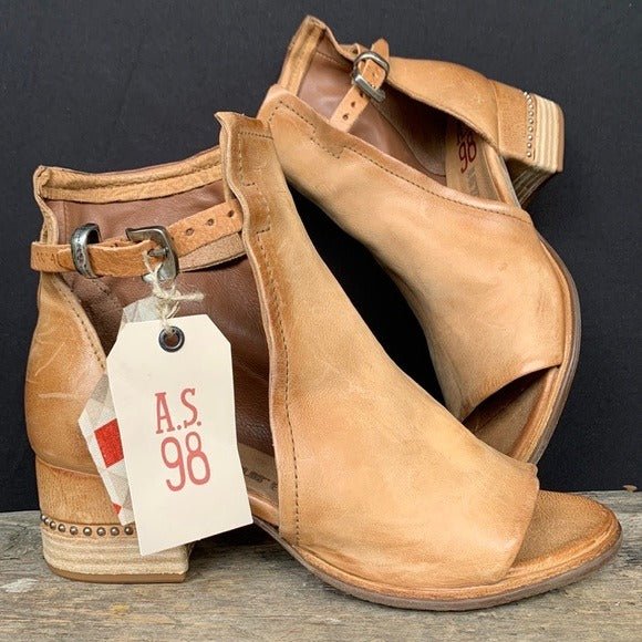 A.S.98 Morgan Studded Strap Buckle Camel Tan Bootie Sandals - Botablu