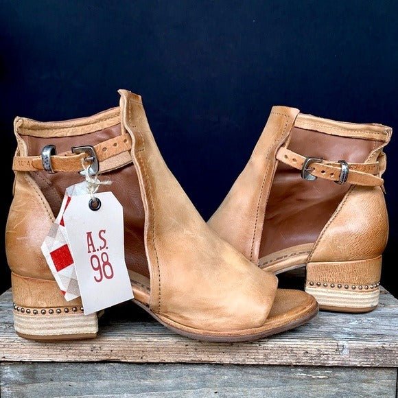 A.S.98 Morgan Studded Strap Buckle Camel Tan Bootie Sandals - Botablu