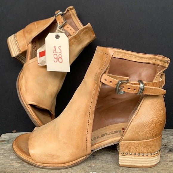 A.S.98 Morgan Studded Strap Buckle Camel Tan Bootie Sandals - Botablu