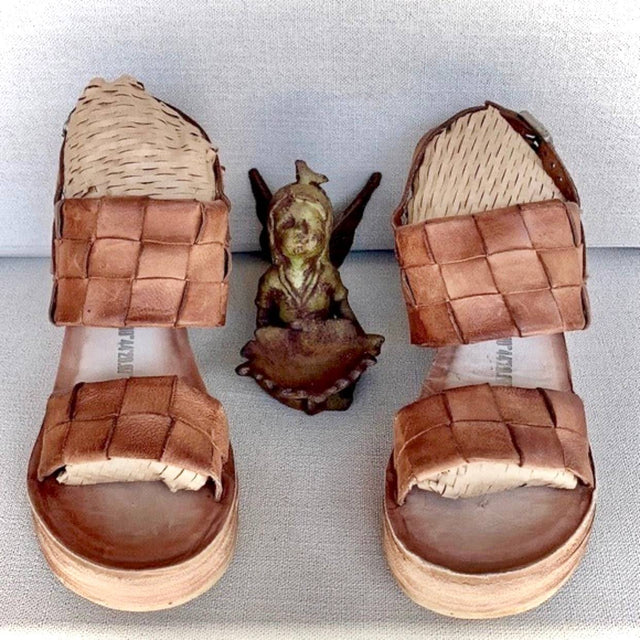 A.S.98 Nasser Tan Brown Woven Leather Platform Wedge Strappy Sandals 40 - Botablu