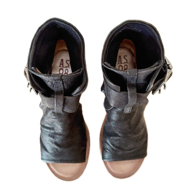 A.S.98 Naya Wedge Platform Black Leather Sandals - Botablu