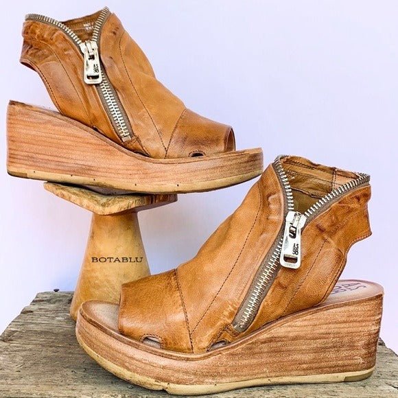 A.S.98 Naylor Wedge Platform Camel Tan Leather Zippered Sandals - Botablu