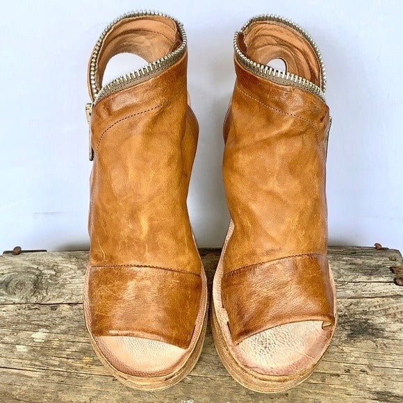 A.S.98 Naylor Wedge Platform Camel Tan Leather Zippered Sandals - Botablu