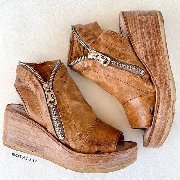 A.S.98 Naylor Wedge Platform Camel Tan Leather Zippered Sandals - Botablu