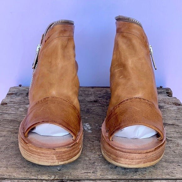 A.S.98 Naylor Wedge Platform Camel Tan Leather Zippered Sandals - Botablu