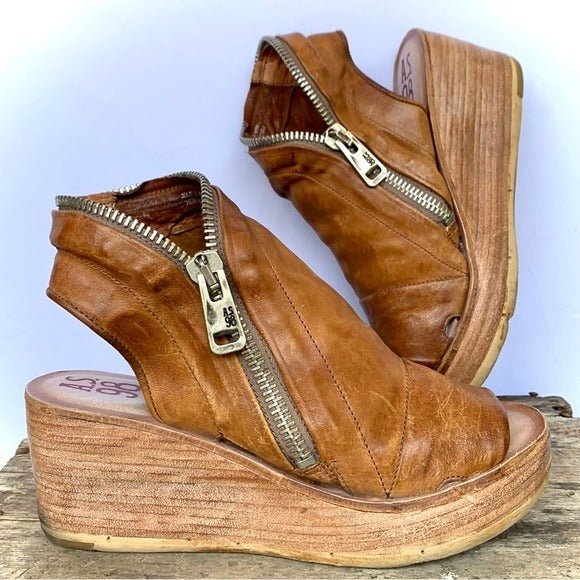 A.S.98 Naylor Wedge Platform Camel Tan Leather Zippered Sandals - Botablu