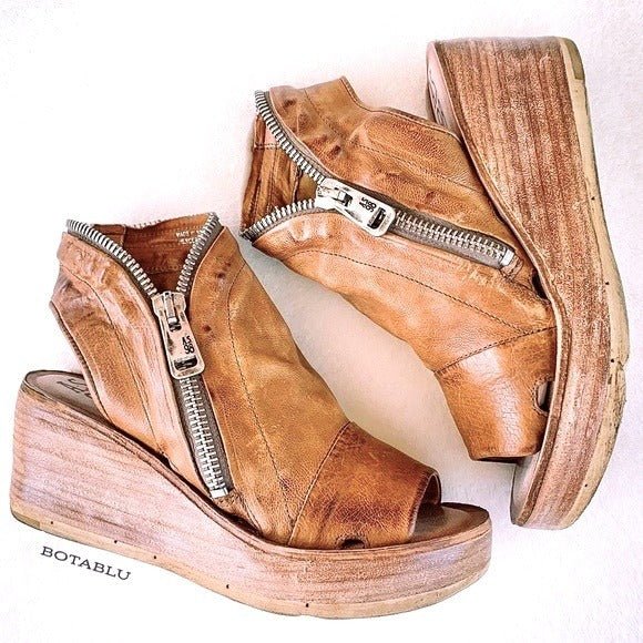 A.S.98 Naylor Wedge Platform Camel Tan Leather Zippered Sandals - Botablu