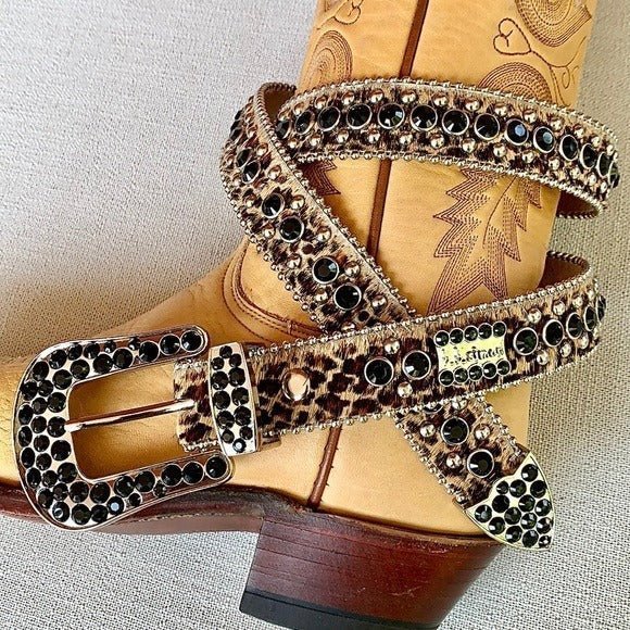 B.B. SIMON Hair On Cowhide Leopard Crystal Leather Cowgirl Western Belt - Botablu