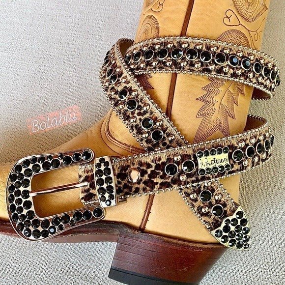 B.B. SIMON Hair On Cowhide Leopard Crystal Leather Cowgirl Western Belt - Botablu