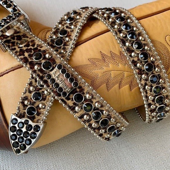 B.B. SIMON Hair On Cowhide Leopard Crystal Leather Cowgirl Western Belt - Botablu