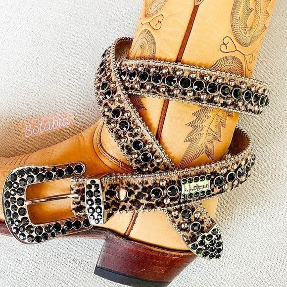 B.B. SIMON Hair On Cowhide Leopard Crystal Leather Cowgirl Western Belt - Botablu