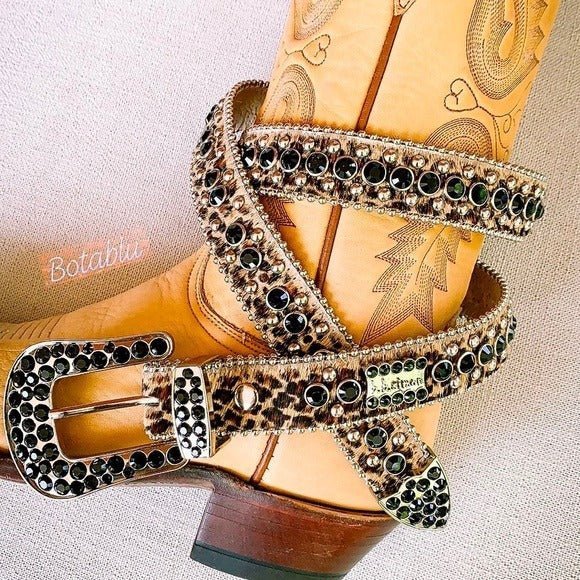 B.B. SIMON Hair On Cowhide Leopard Crystal Leather Cowgirl Western Belt - Botablu