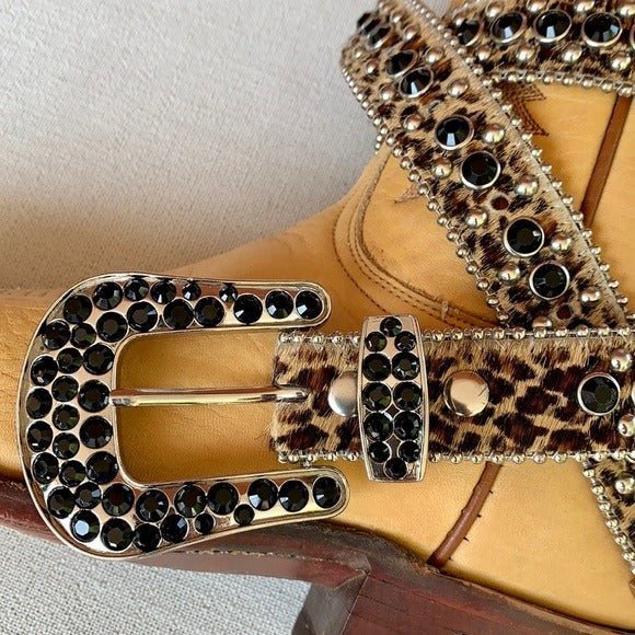 B.B. SIMON Hair On Cowhide Leopard Crystal Leather Cowgirl Western Belt - Botablu