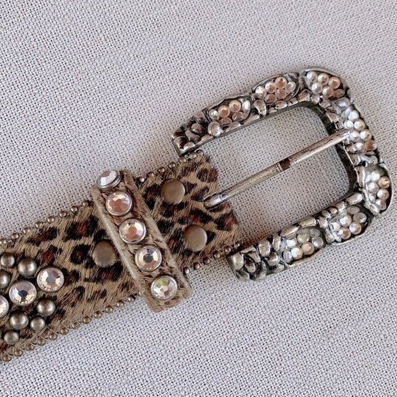 B.B. SIMON Swarovski Crystal Leopard Animal Print Hair On Leather Western Belt - Botablu
