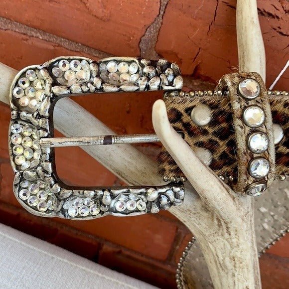 B.B. SIMON Swarovski Crystal Leopard Animal Print Hair On Leather Western Belt - Botablu