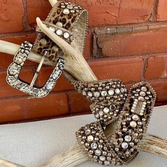 B.B. SIMON Swarovski Crystal Leopard Animal Print Hair On Leather Western Belt - Botablu