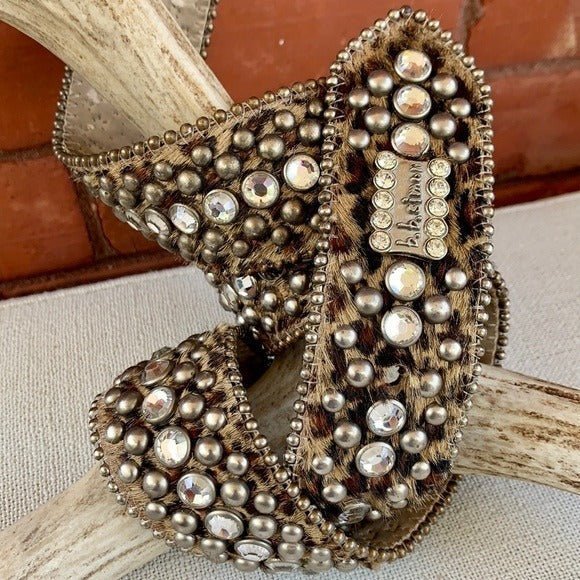 B.B. SIMON Swarovski Crystal Leopard Animal Print Hair On Leather Western Belt - Botablu