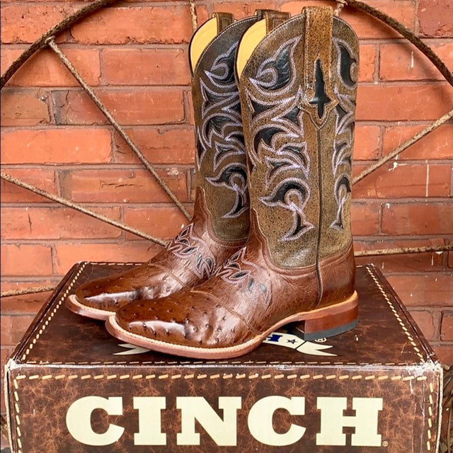 CINCH Full Quill Ostrich Leather Square Toe Cowgirl Cowboy Western Boots - Botablu