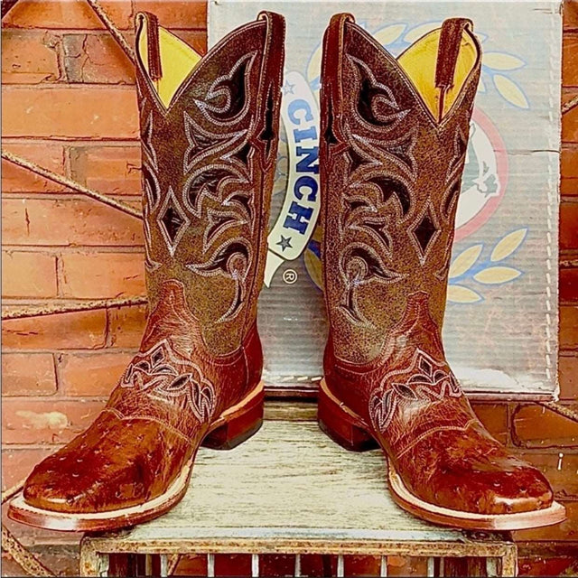 CINCH Full Quill Ostrich Leather Square Toe Cowgirl Cowboy Western Boots - Botablu