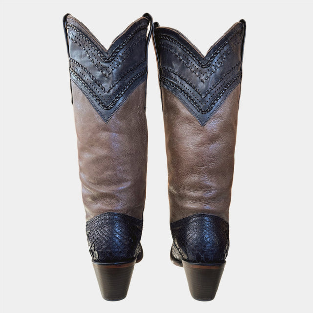 CORRAL Black Snakeskin Brown Leather Tall Cowgirl Boots - Botablu