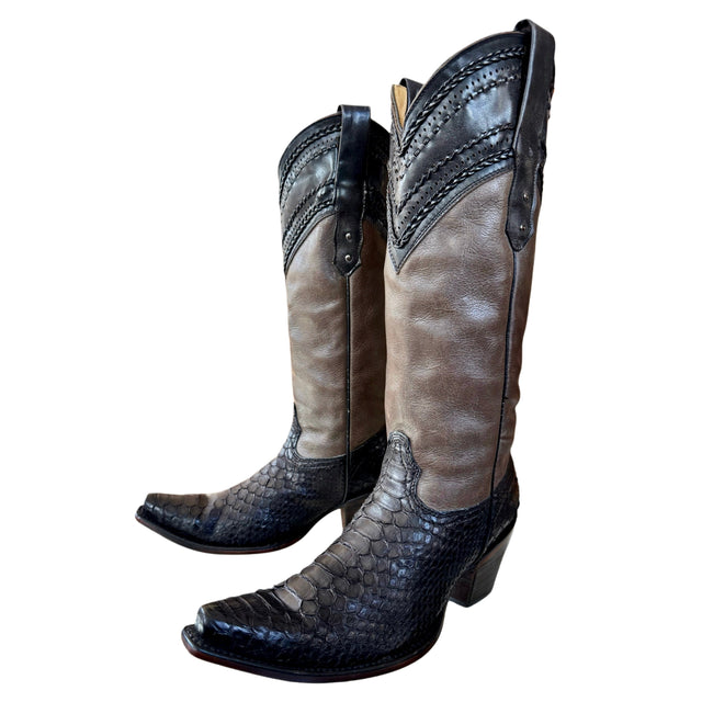 CORRAL Black Snakeskin Brown Leather Tall Cowgirl Boots - Botablu