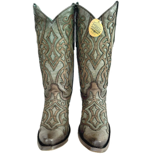CORRAL C3750 Turquoise Brown Overlay Studded Cowboy Boots - Botablu