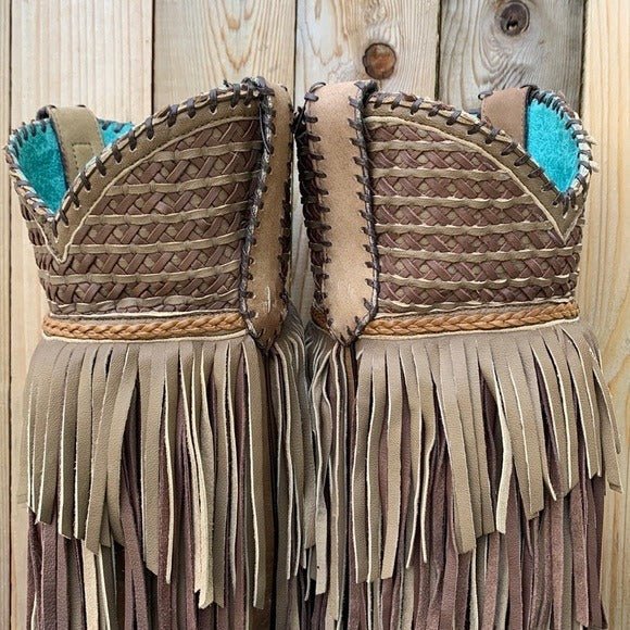 CORRAL Fringe Feather Studded Tall Brown Tan Cowgirl Cowboy Western Boots - Botablu