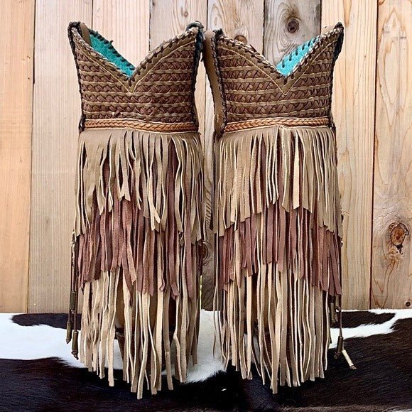CORRAL Fringe Feather Studded Tall Brown Tan Cowgirl Cowboy Western Boots - Botablu