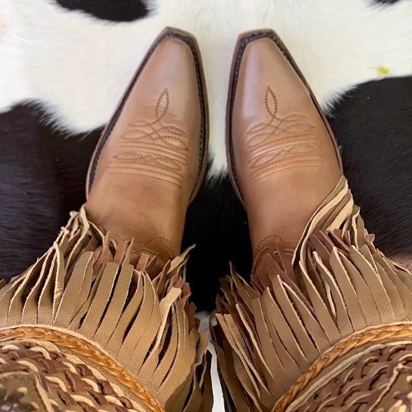 CORRAL Fringe Feather Studded Tall Brown Tan Cowgirl Cowboy Western Boots - Botablu