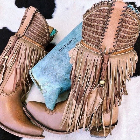 CORRAL Fringe Feather Studded Tall Brown Tan Cowgirl Cowboy Western Boots - Botablu