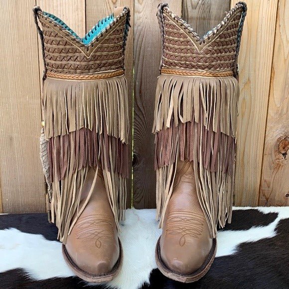 CORRAL Fringe Feather Studded Tall Brown Tan Cowgirl Cowboy Western Boots - Botablu
