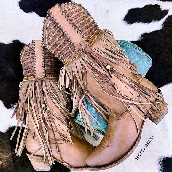 CORRAL Fringe Feather Studded Tall Brown Tan Cowgirl Cowboy Western Boots - Botablu