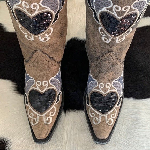CORRAL Sequin Heart Wings Tall Mid-Calf Snip Toe Cowgirl Cowboy Boots - Botablu